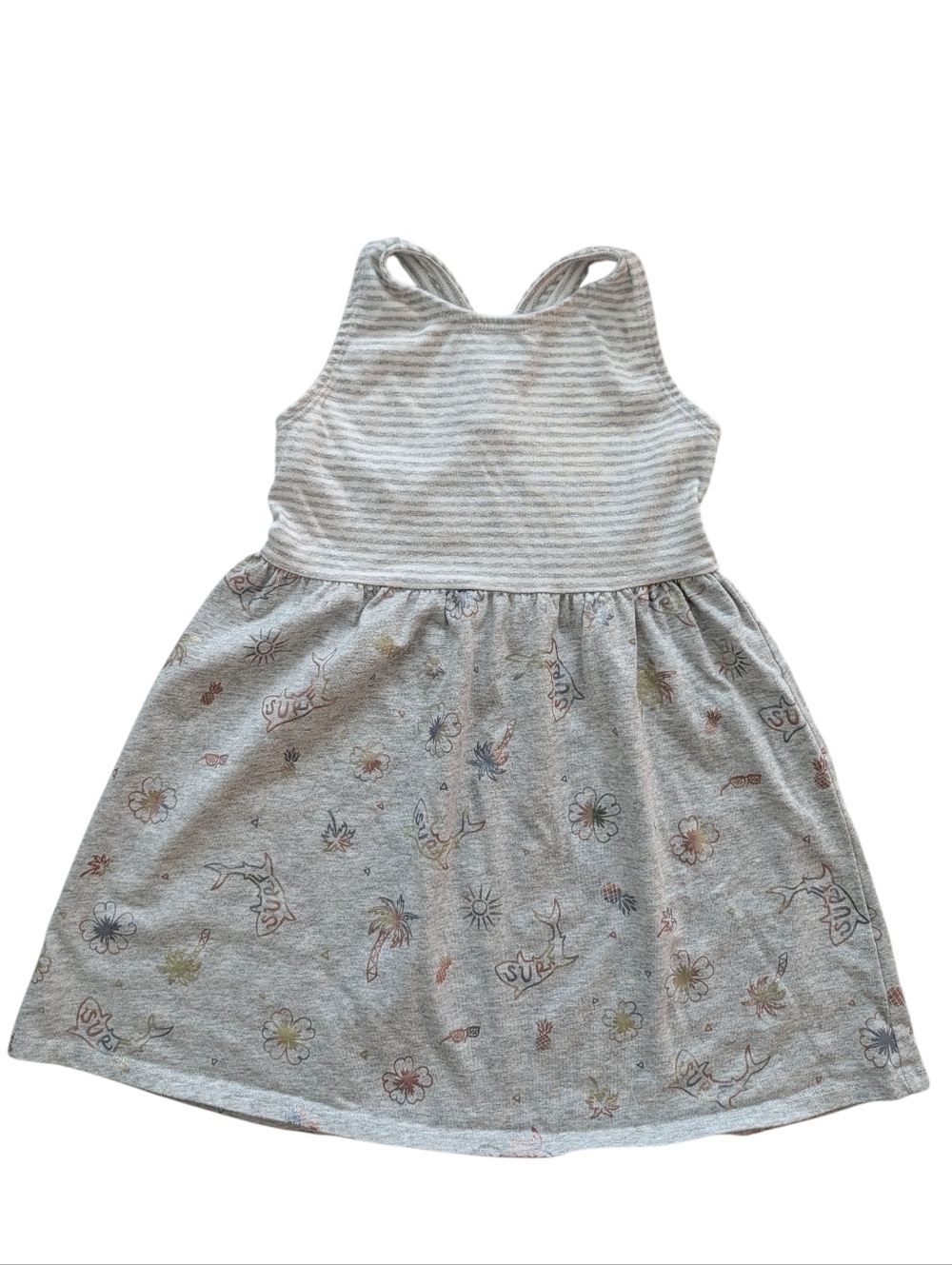 Gymboree Girls' Gray Striped & Printed Tank Dress Summer Style Cotton Size S 5/6